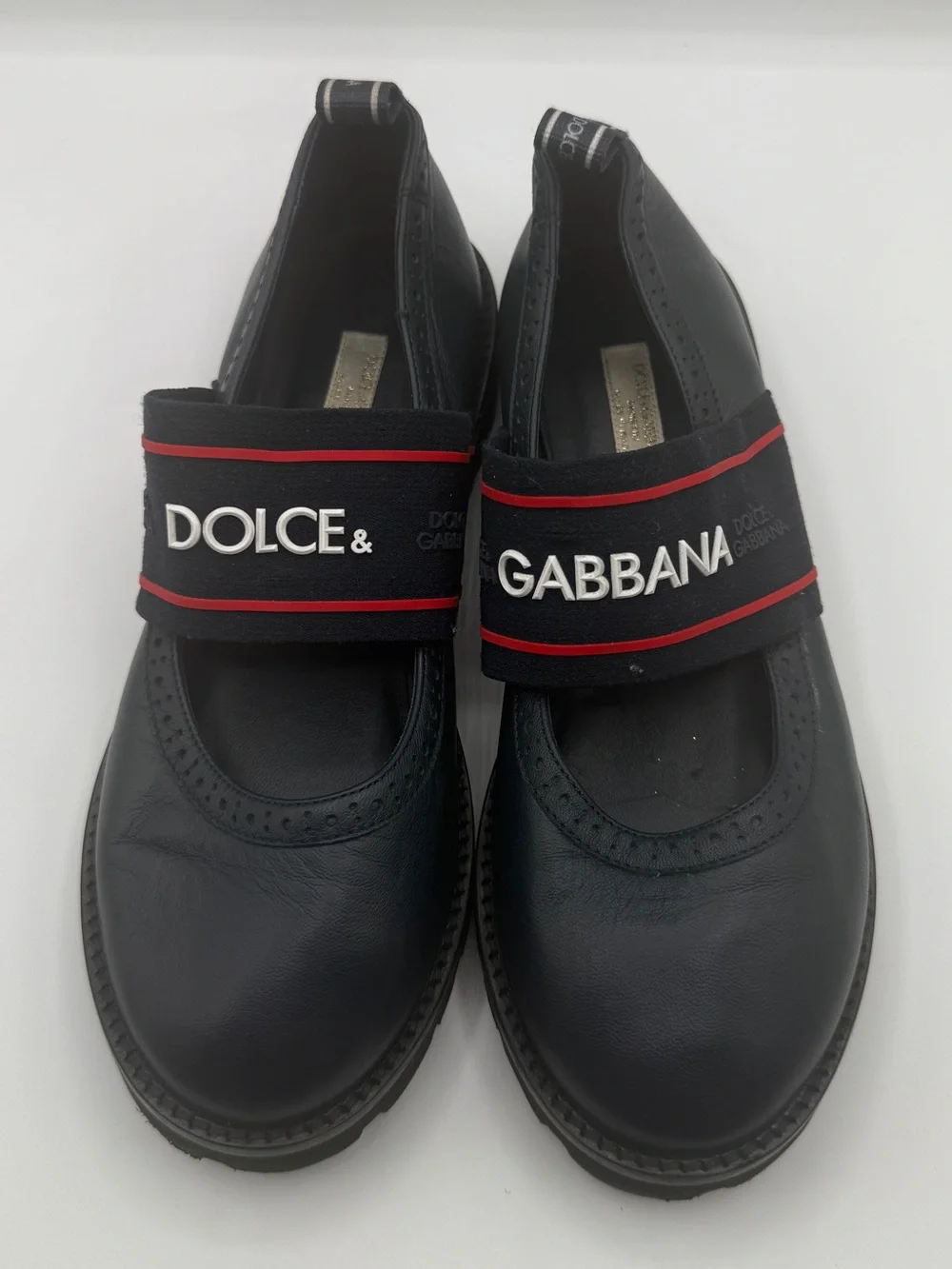 Dolce & Gabbana Navy Leather Kids Logo Strap Ballet Shoes